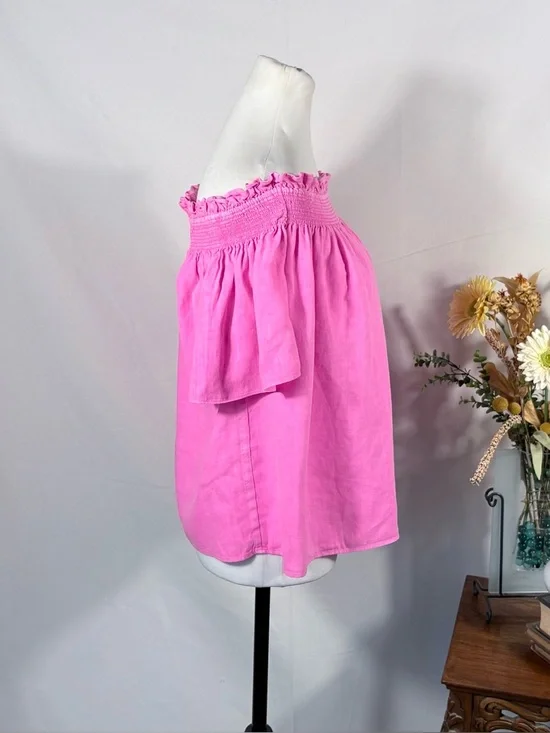 Lilly Pulitzer Leanne Off Shoulder Linen Top Aura Pink Smocked Blouse Large🧡 - Picture 3 of 9
